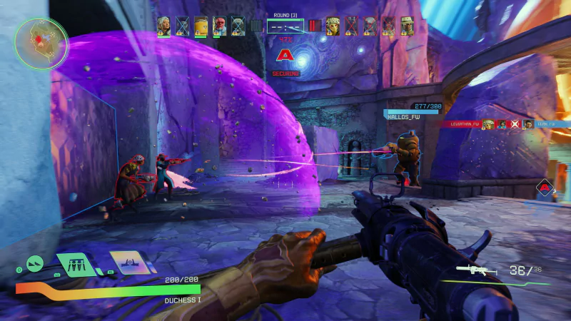 A dynamic scene from the video game Concord, showcasing a player aiming a weapon while teammates engage in battle, colorful shields and vibrant environments enhancing the action.