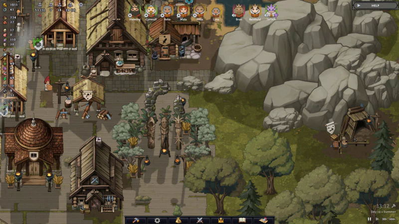 A vibrant scene from the video game Norland, showcasing a bustling village with diverse buildings, trees, and rocky terrain, inviting exploration and adventure.