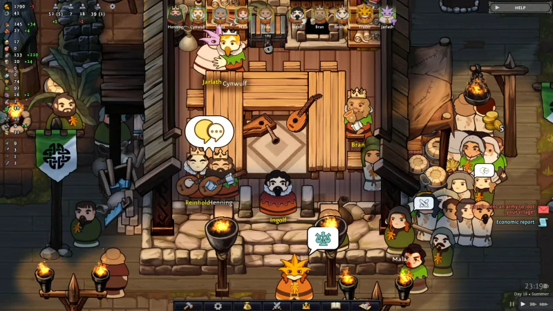 A lively scene from the video game Norland, showcasing characters interacting in a tavern, with musicians performing and a bustling crowd enjoying the atmosphere.