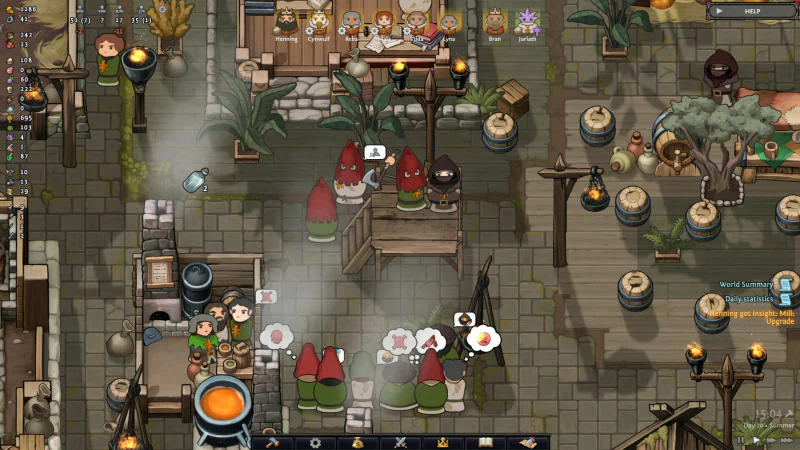 A colorful scene from the video game Norland, featuring animated characters in a bustling marketplace with various items, plants, and structures, conveying a lively atmosphere.