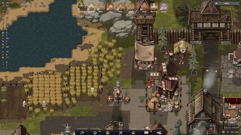A vibrant scene from the video game Norland, showcasing a bustling settlement with fields, a lake, and various buildings, populated by characters engaging in daily activities.