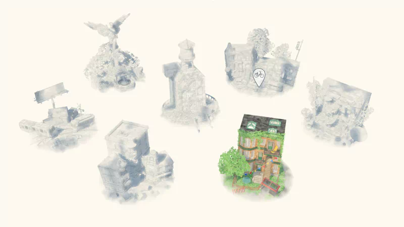 A vibrant selection of game environments from the video game Été (2024), featuring various architectural designs and a lively centerpiece surrounded by less distinct structures.