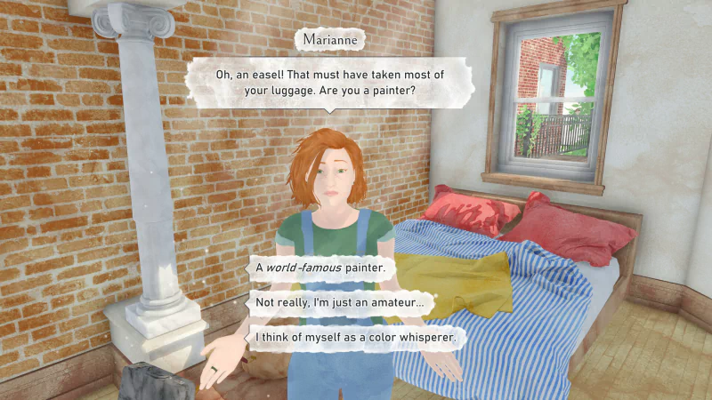A character named Marianne converses in a cozy room, discussing her travel and painting experiences, set in the context of the video game Été (2024).