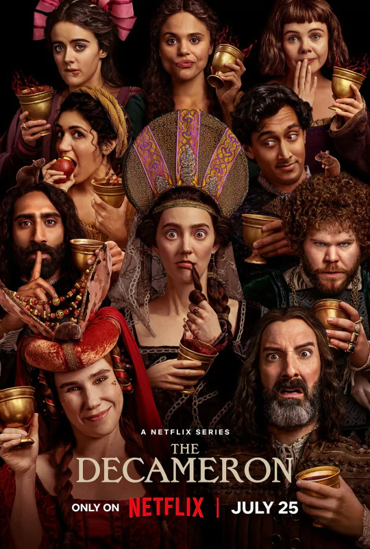 A diverse cast of characters from the TV show The Decameron poses playfully with goblets, showcasing a blend of humor and intrigue. The series is available exclusively on Netflix from July 25.