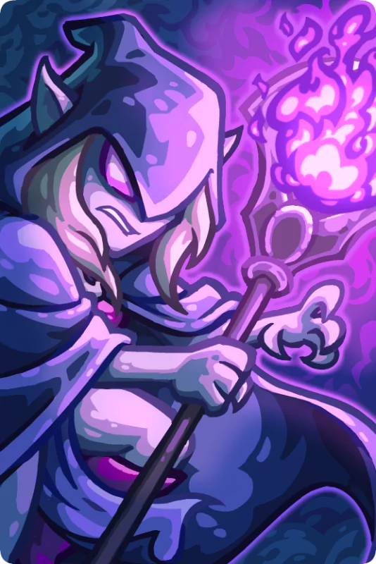 A dark elf wielding a mystical staff with a glowing purple flame, featured in the video game Kingdom Rush 5: Alliance. The character exudes a powerful and ominous presence.