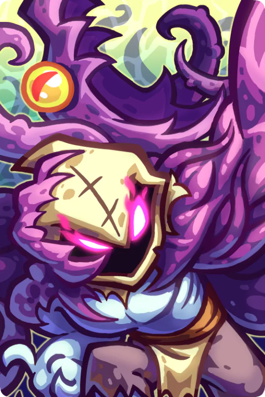 An ominous character from Kingdom Rush 5: Alliance, featuring dark purple tendrils and a haunting mask, embodies the game's fantasy and adventure theme.