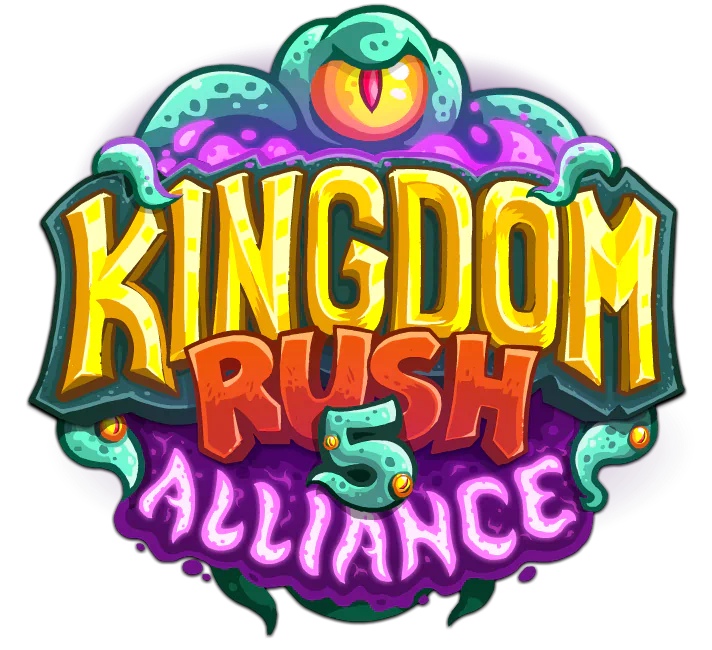 Colorful logo for Kingdom Rush 5: Alliance, featuring bold text and whimsical design elements, evoking the adventurous spirit of the popular video game series.