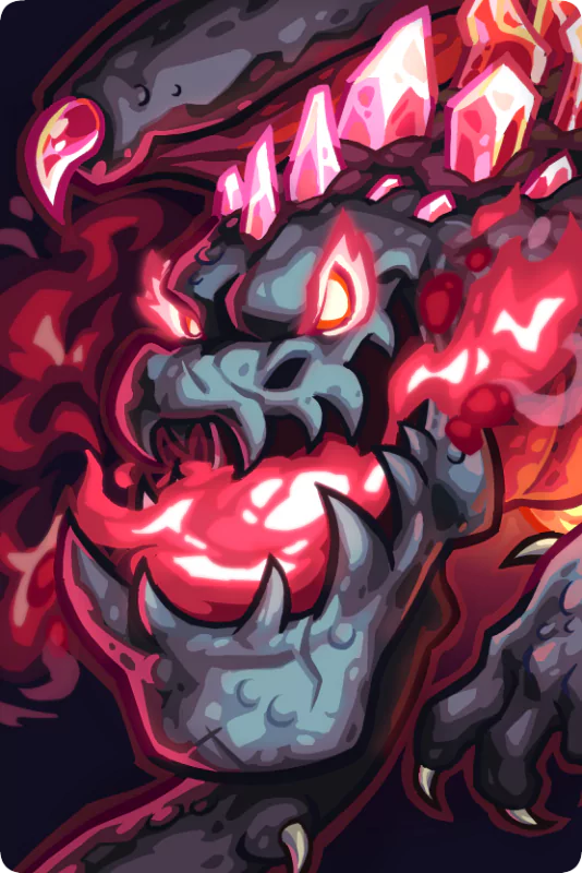 A fierce, mythical creature with glowing red elements and sharp crystals, showcasing intense energy and power in the video game Kingdom Rush 5: Alliance.