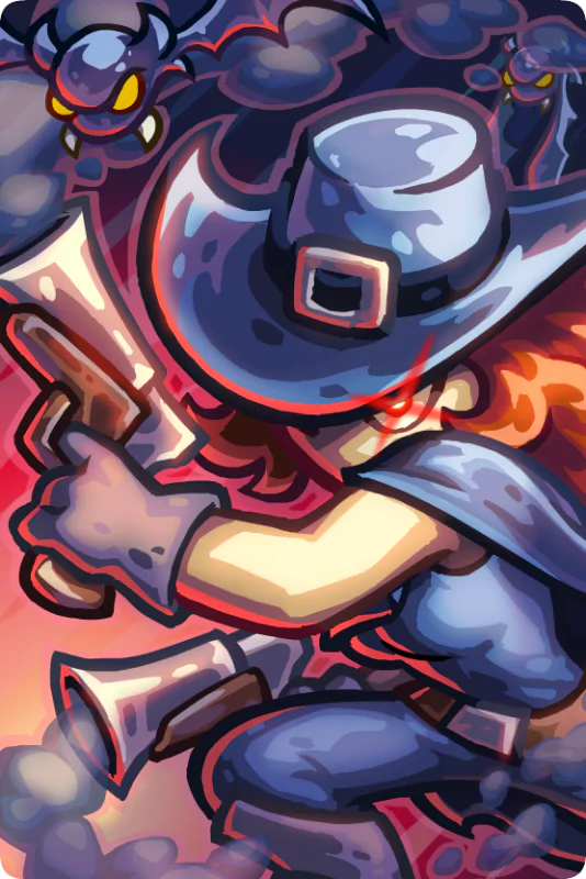 A character from Kingdom Rush 5: Alliance brandishes a gun, ready for action amidst shadowy enemies, showcasing a dynamic and colorful battle scene.