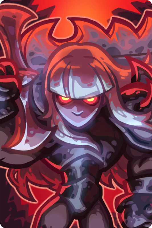 A fierce character from Kingdom Rush 5: Alliance, featuring striking red eyes and dynamic hair, stands in a powerful pose against a dark, fiery background.