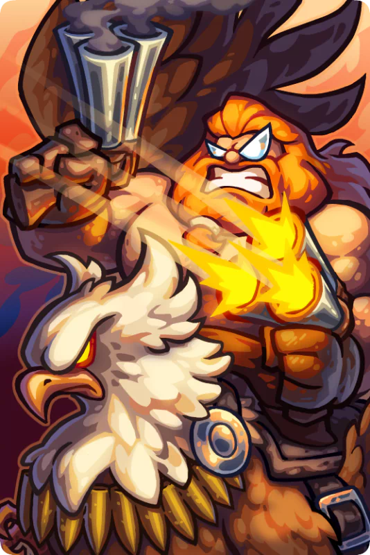 A fierce warrior breathes fire while clutching a weapon, riding a powerful eagle in a dynamic scene from the video game Kingdom Rush 5: Alliance.