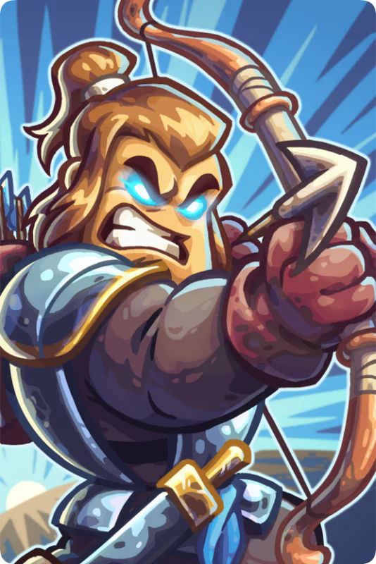 A fierce archer character from the video game Kingdom Rush 5: Alliance, poised to shoot an arrow with intense determination against a vibrant background.