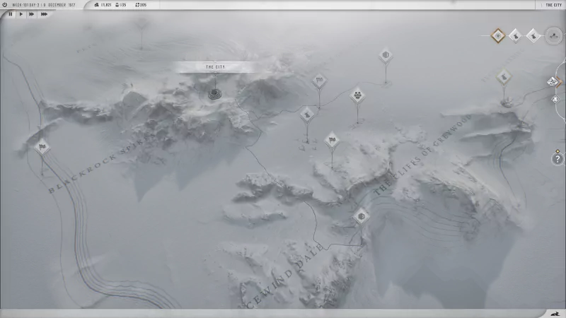 A detailed map interface from the video game Frostpunk 2, showcasing snow-covered terrain and marked locations for exploration and strategy.
