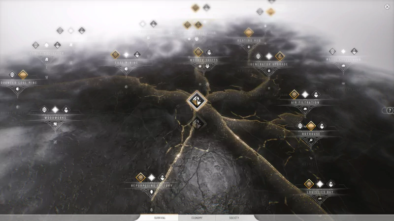 A strategic map from Frostpunk 2, showcasing branching paths and resources in a post-apocalyptic landscape, emphasizing decision-making and survival mechanics.