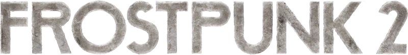 The image features the title Frostpunk 2 rendered in a stylized, icy font, reflecting the game's post-apocalyptic, survival theme set in a frozen world.