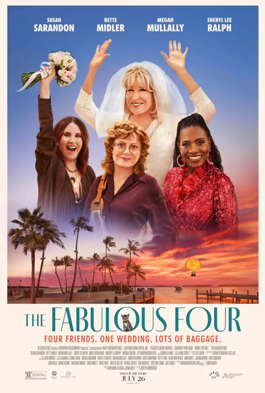 A vibrant movie poster for The Fabulous Four (2024) featuring four women celebrating together against a beach sunset backdrop, highlighting friendship and wedding themes.