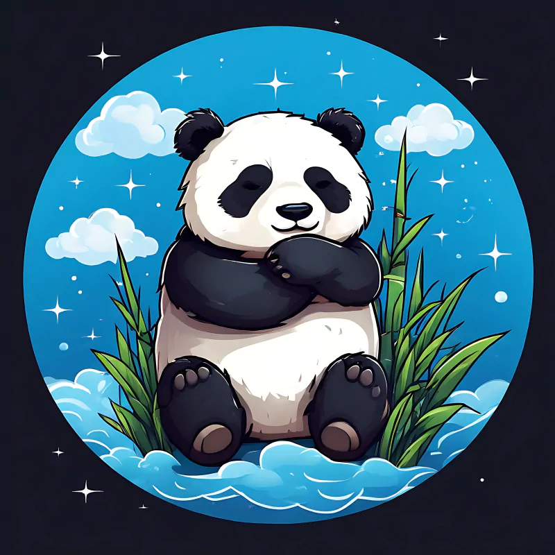  panda bear with a bamboo, A sleepy panda hugging a bamboo shoot, surrounded by clouds