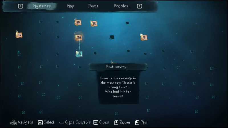 A screenshot from the video game Thalassa: Edge of the Abyss, featuring a map interface displaying mysteries and a note about a Vying Crow mystery quest.