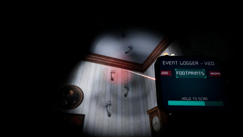 The image showcases a scene from the video game DEATHWATCHERS, featuring mysterious footprints illuminated by a device displaying an event log in a darkened room.