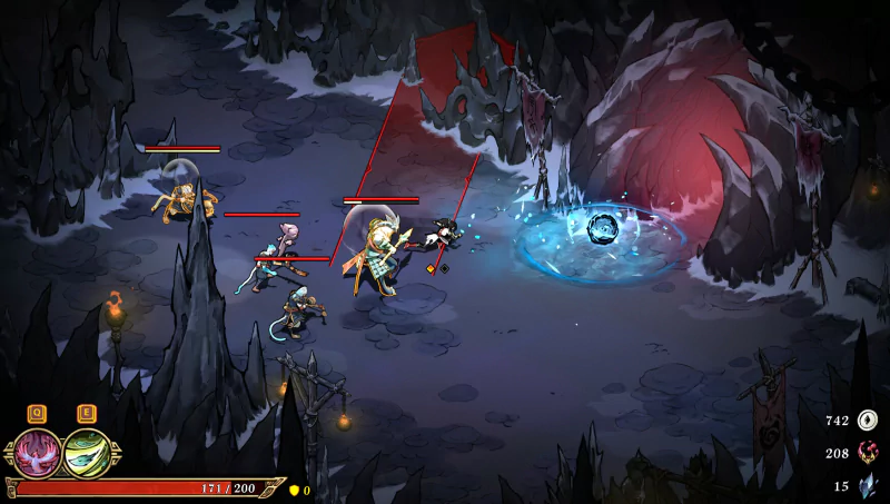A dynamic scene from the video game Realm of Ink, featuring characters battling foes in a dark cave setting, illuminated by glowing orbs and strategic attack indicators.