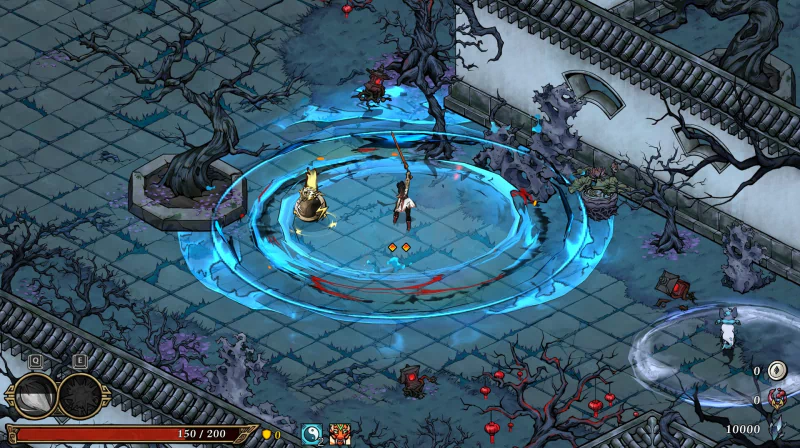 A character stands in a glowing blue circle surrounded by eerie trees and shadows, showcasing the mystical environment of the video game Realm of Ink.