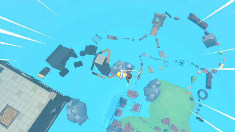 An aerial view of a whimsical video game landscape, showcasing scattered structures and obstacles amidst a bright blue background, adding a playful, pantless adventure vibe.