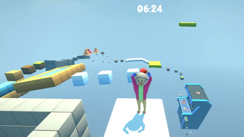 A colorful character in a video game stands proudly on a platform, pantless, with an engaging obstacle course and a timer counting down in the background.