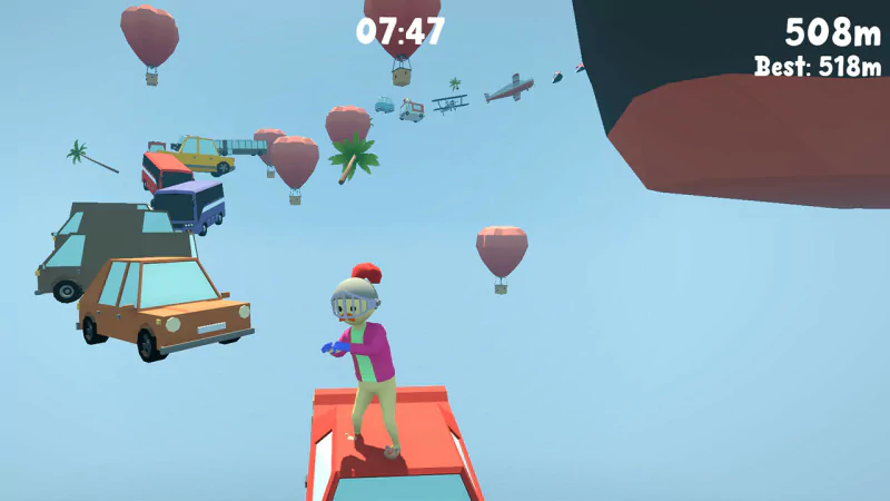 A playful video game scene features a pantless character on top of a car, surrounded by floating balloons and vehicles, with a timer indicating 7:47 remaining.