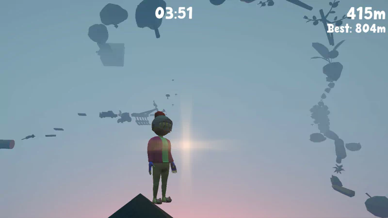 A character stands pantless on a peak in a colorful video game world, gazing at a distant horizon with floating objects and a glowing sun above. Game stats are displayed in the corner.