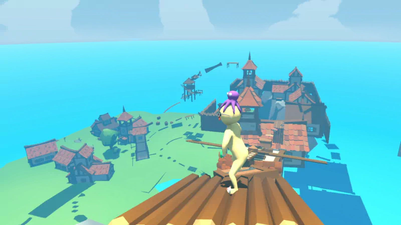 A whimsical scene from a video game featuring a character without pants, standing atop a wooden structure, overlooking a vibrant island village surrounded by blue water.