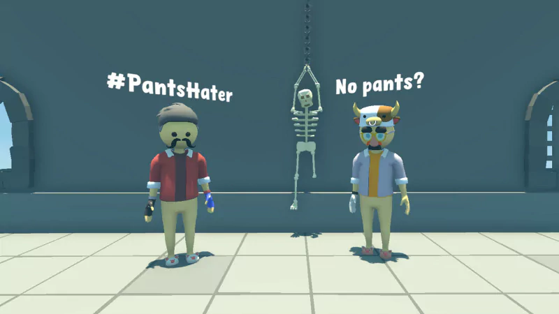 Two characters stand in a video game setting, one labeled #PantsHater and the other questioning No pants? A skeleton hangs in the background, adding a humorous twist.
