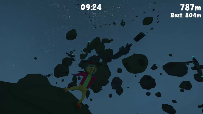 A playful video game scene featuring a pantless character navigating through floating rocks in a whimsical, cosmic environment.