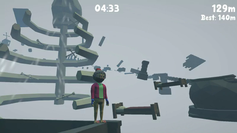 A whimsical video game scene shows a character in colorful attire standing on a platform amidst floating debris and a spiral structure, all set in a foggy, surreal environment.