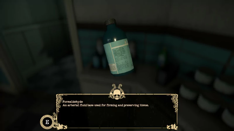 A floating bottle of formaldehyde is featured in the video game The Mortuary Assistant, used for embalming and preserving corpses, set against a dimly lit background.