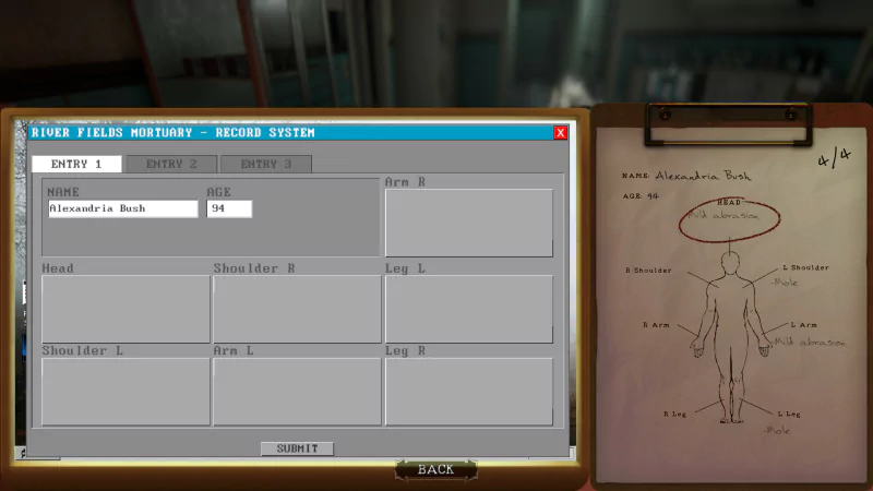 Screen from the video game *The Mortuary Assistant*, displaying a records system for entering details about a deceased person alongside a sketch of a human figure.