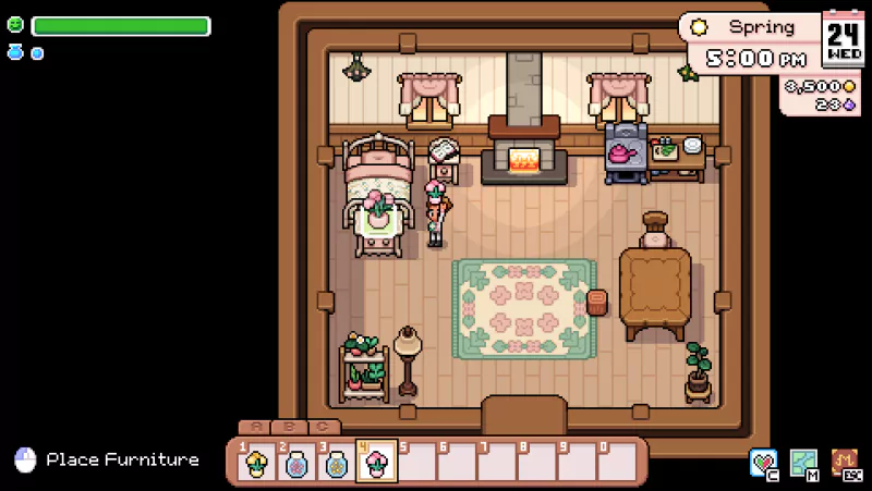 A cozy interior from the video game Fields of Mistria, featuring a bedroom, kitchen, and living area, all designed with charming, pastel aesthetics.