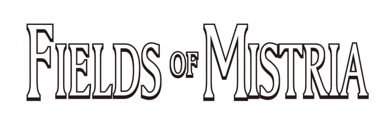Title logo for the video game Fields of Mistria, featuring stylized text that emphasizes its adventurous and immersive fantasy theme.