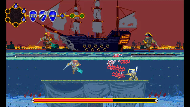 A scene from the video game Volgarr the Viking II, featuring a character battling on a platform with a pirate ship in the background and vibrant underwater elements.