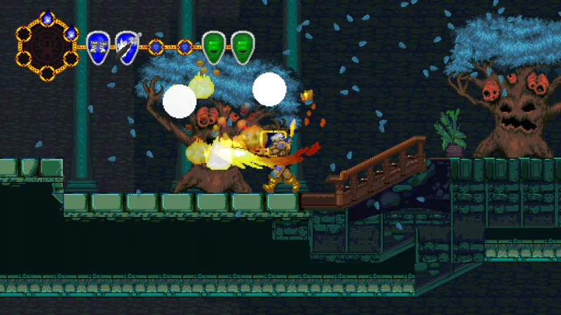 A scene from the video game Volgarr the Viking II, showcasing a character battling enemies amid vibrant, stylized graphics and unique tree designs.
