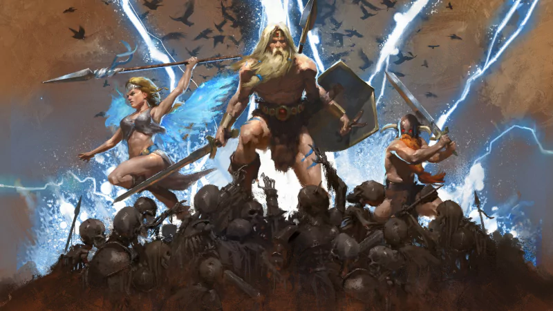 A dynamic scene from Volgarr the Viking II featuring heroic characters wielding weapons, standing triumphantly over defeated foes amidst dramatic lightning and a dark sky.