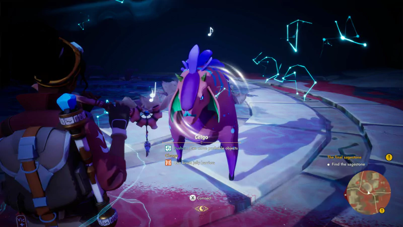 A character from the video game Creatures of Ava interacts with a vibrant, musical creature in a mystical environment filled with swirling blue energy.