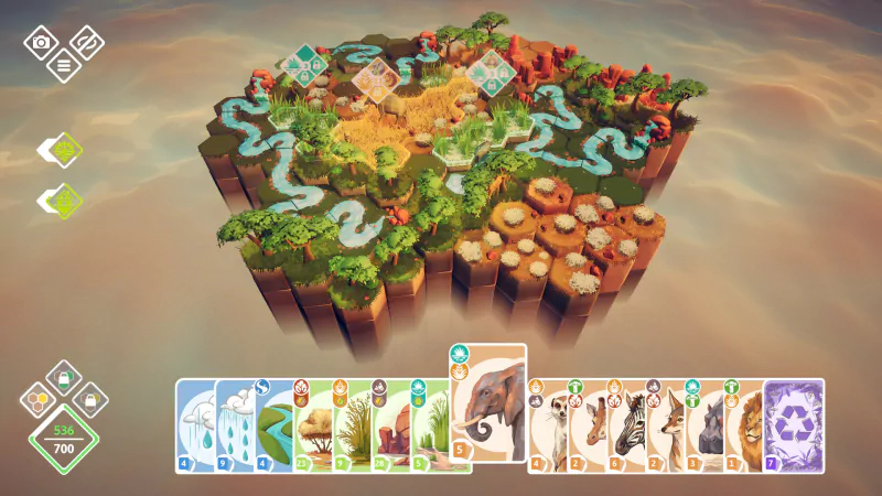 A vibrant board from the video game Preserve, featuring a lush landscape with rivers, diverse terrain, and an array of cards showcasing various animals and plants at the bottom.