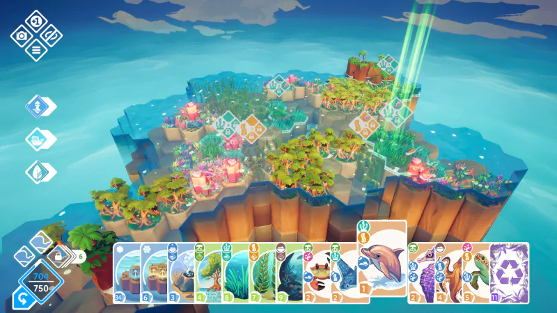 A vibrant scene from the video game Preserve, showcasing a colorful island landscape filled with lush vegetation and a selection of cards representing various aquatic species below.