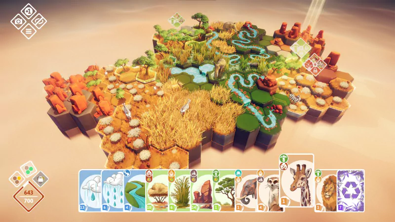 A vibrant video game scene from Preserve, showcasing a colorful landscape with diverse terrain, waterways, and resources, accompanied by a selection of strategic cards at the bottom.