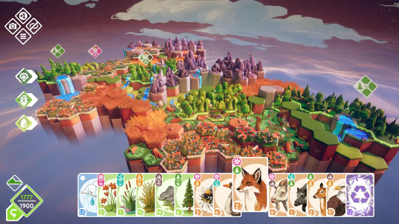 A vibrant landscape from the video game Preserve, showcasing a colorful world filled with flora and fauna, along with a selection of strategic cards at the bottom of the screen.
