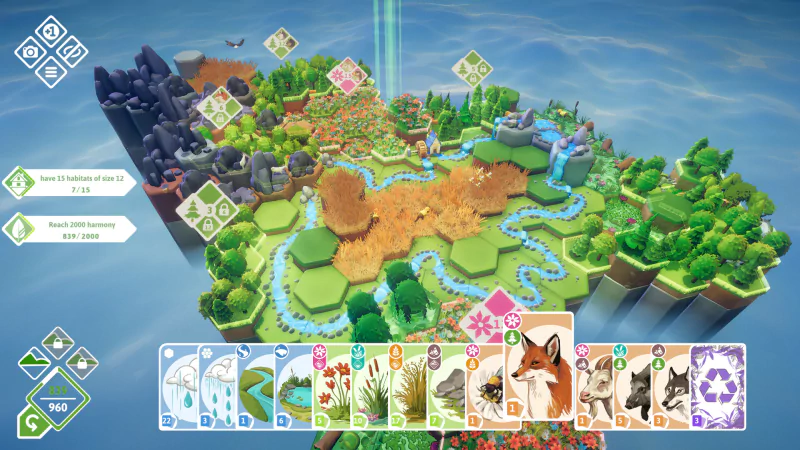 A vibrant scene from the video game Preserve, showcasing a colorful, hexagonal landscape filled with wildlife and nature cards, emphasizing strategy and environmental themes.