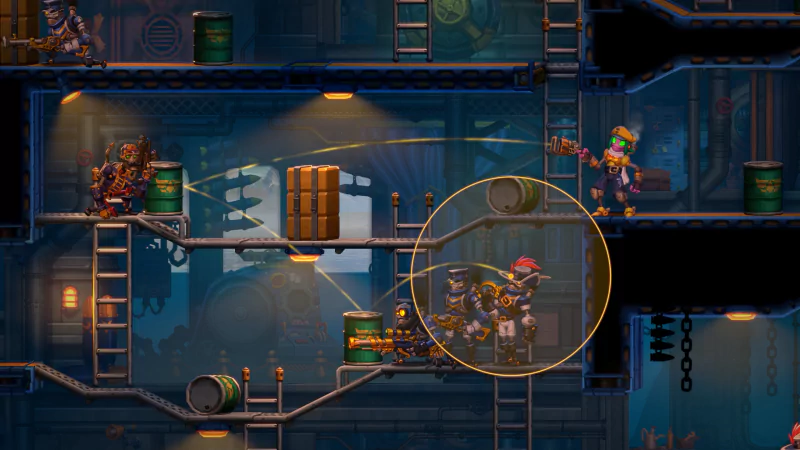 A scene from the video game SteamWorld Heist II, showcasing a dynamic environment with steampunk characters engaging in tactical gameplay amidst barrels and ladders.