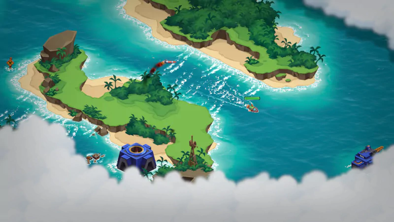 A vibrant aerial view of tropical islands and blue waters, showcasing the engaging world of SteamWorld Heist II, complete with boats and lush greenery.