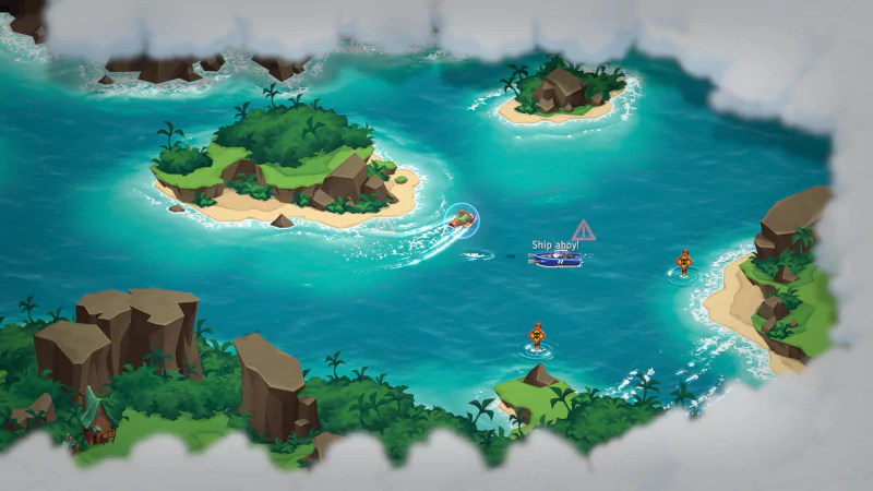 A vibrant scene from SteamWorld Heist II, featuring lush islands and a teal ocean, with characters navigating the waters in small boats.