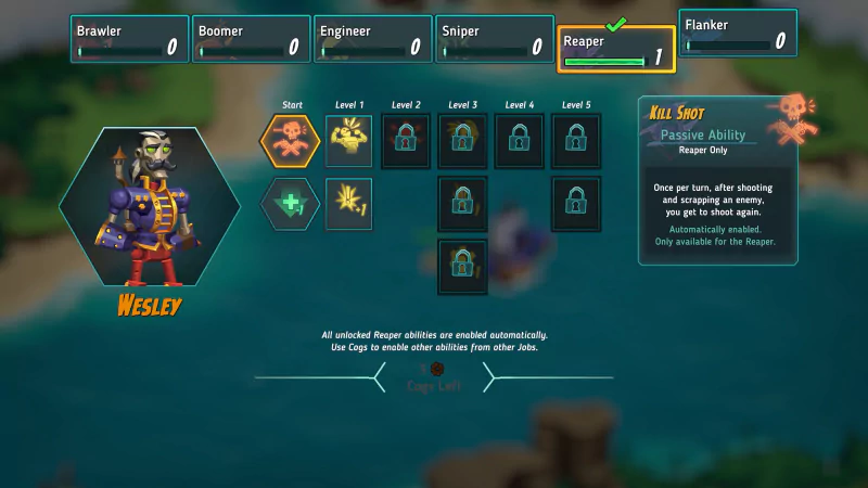 Character selection screen from SteamWorld Heist II featuring Wesley, the Reaper class, with a summary of abilities and progression for tactical gameplay.